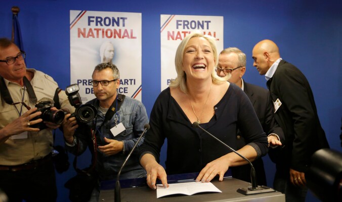 Front National-voorvrouw Marine Le Pen is blij met de uitslag van de verkiezingen.