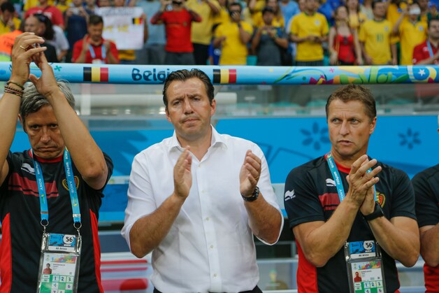 Maesschalck, Wilmots en Borkelmans voor de aftrap van België - VS in Brazilië.