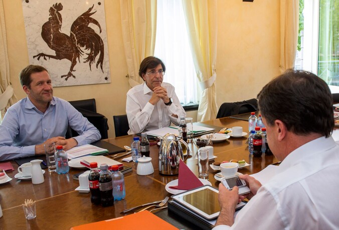 Benoit Lutgen, Paul Magnette en Elio Di Rupo tijdens de formatiegesprekken voor de vorming van de Waalse en Franstalige regeringen.