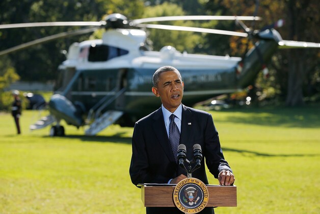 Barack Obama bij de aankondiging van luchtaanvallen in Syrië in september 2014.