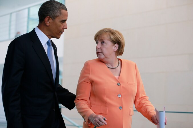 Obama en Merkel in Berlijn, juni vorig jaar.