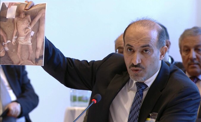 Amhad al-Jarba, het hoofd van de Syrian National Coalition tijdens de vredesgesprekken in Montreux, Zwitserland.