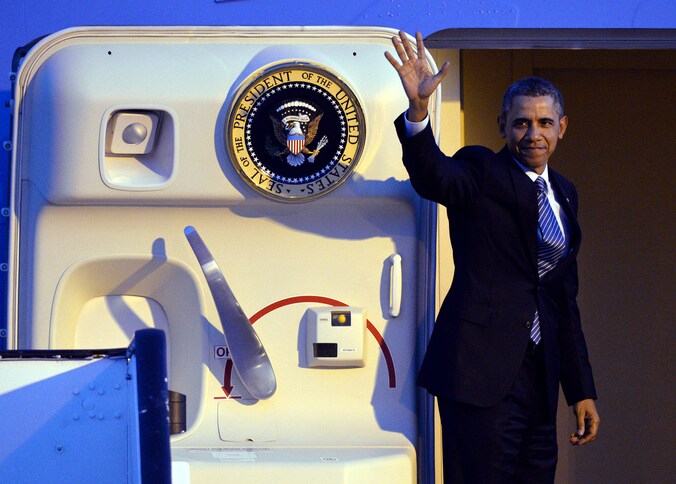 President Barack Obama bij zijn vertrek vanuit Zaventem.