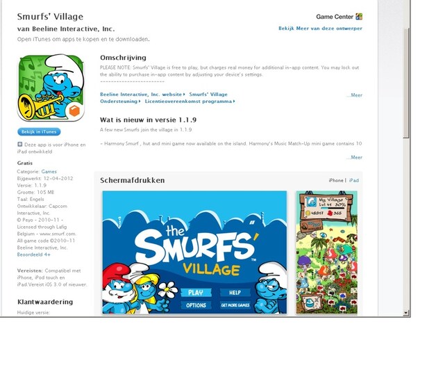 'Smurfs' Village' bevat een waarschuwing bij de omschrijving.