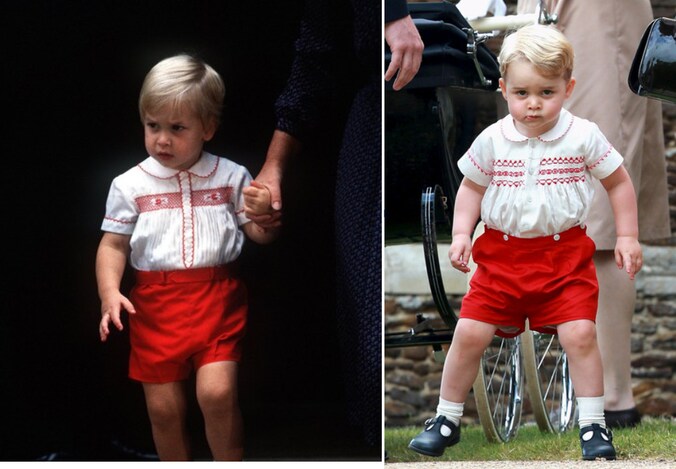 Links: prins William in 1984. Rechts: zijn zoon prins George, zondag bij de doop van prinses Charlotte.