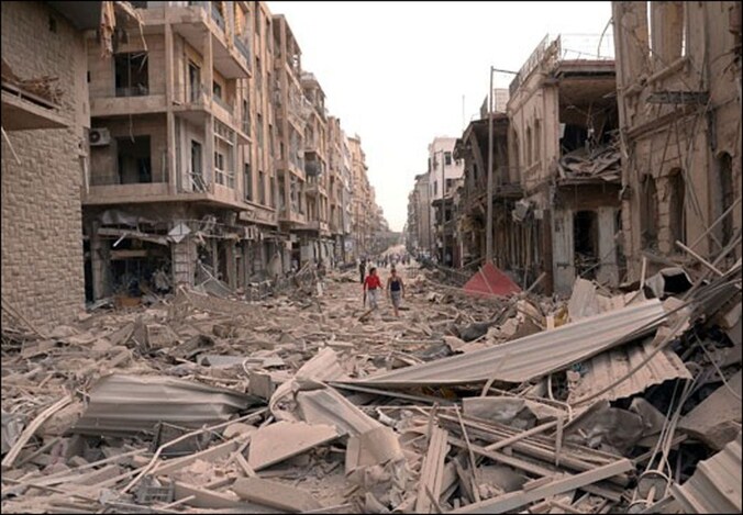 Het zwaar getroffen Aleppo, in het centrum van de stad.