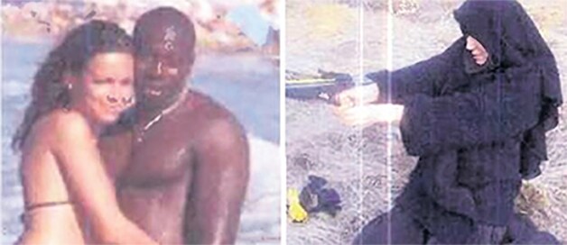 Hayat Boumeddiene in twee totaal verschillende gedaantes. Op de linkerfoto op het strand met haar man Coulibaly, op de rechterfoto als moslima schietend met een kruisboog.