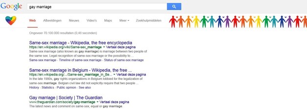 Google 'viert' de beslissing van het Hooggrechtshof met regenboogkleuren voor wie 'gay marriage' opzoekt.