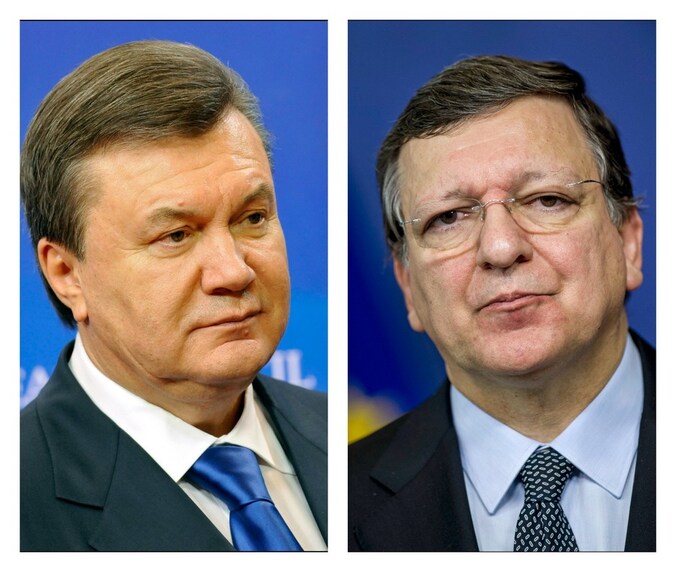 Viktor Janoekovitsj (l) en José Manuel Barroso.
