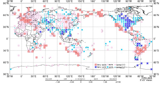 Nog een voorbeeld van extreem weer: in de VS was de winter uitzonderlijk koud, in West-Europa uitzonderlijk warm. (kaart van dec 2013 ¿ feb 2014)