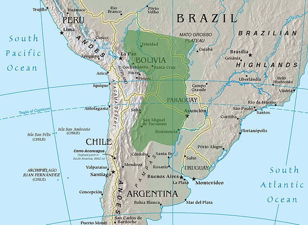 De Gran Chaco beslaat delen van Argentinië, Bolivië, Brazilië en Paraguay.