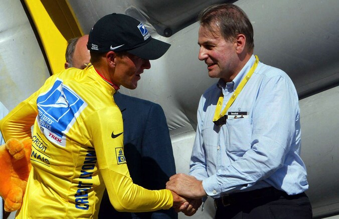 Rogge met felicitaties voor Armstrong in de Tour de France van 2003.