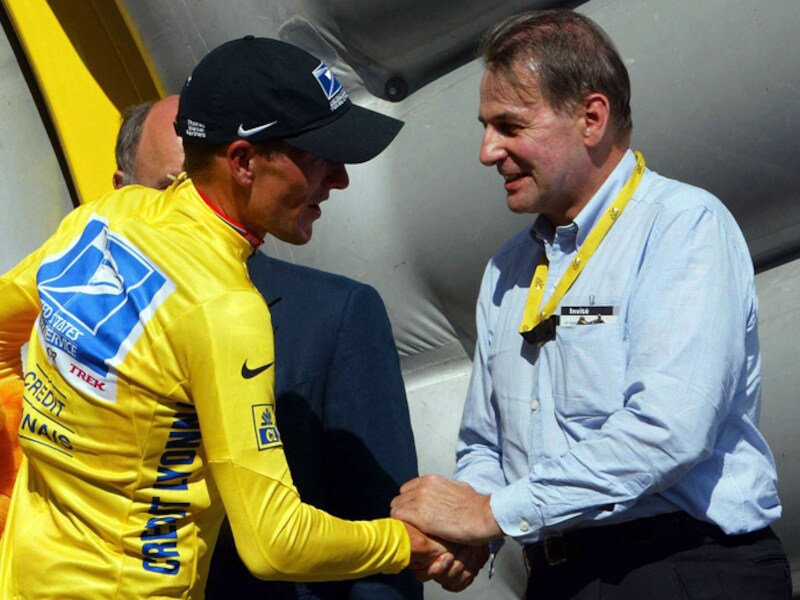 Rogge met felicitaties voor Armstrong in de Tour de France van 2003.