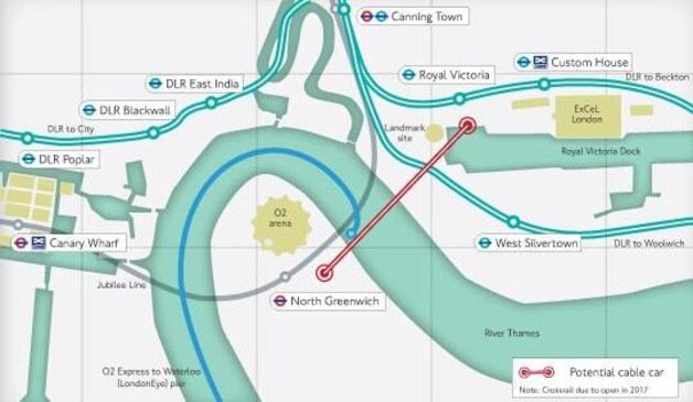 Een plan met de route die de kabelbaan zou volgen
