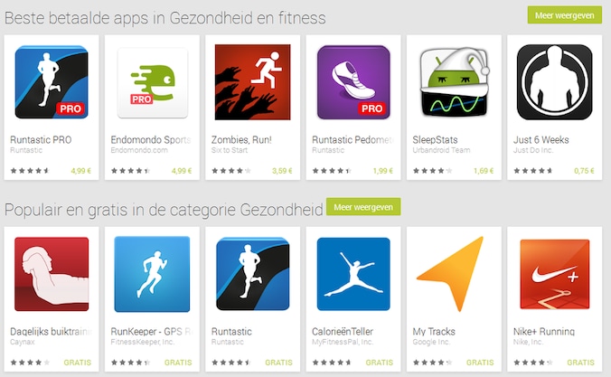 Een overzicht van gezondheidapps in de Playstore.