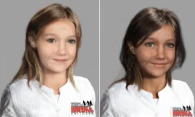 Links hoe Maddie McCann er nu zou uitzien als ze in Noord-Europa zou zitten en rechts in Noord-Afrika.