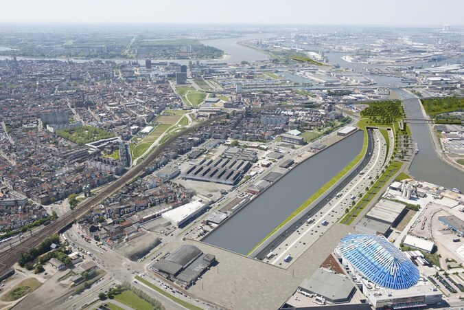 Het nieuwe plein aan het Sportpaleis en de tunnel die onder het Albertkanaal duikt.