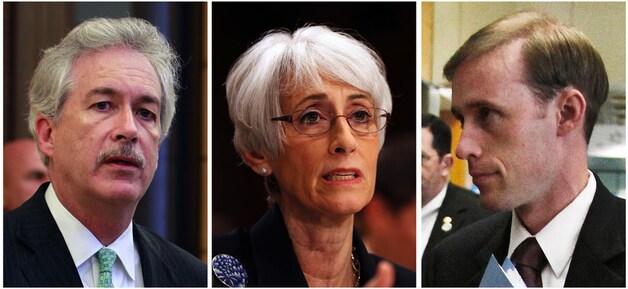 Een aantal hoofdrolspelers aan Amerikaanse zijde bij het voorbereiden van het akkoord. Vanaf links: onderminister van Buitenlandse Zaken William Burns, onderhandelaarster Wendy Sherman en Jake Sullivan, de hoogste buitenlandadviseur van vicepresident Joe Biden.
