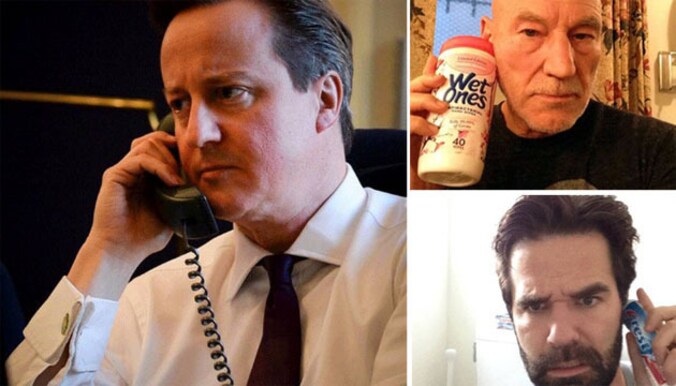 Cameron deelde een foto van zijn telefoontje van naar Obama. Acteur Patrick Stewart (rechtsboven) en comedian Rob Delaney (rechtsonder) belden ook in.