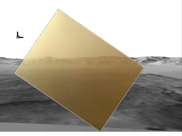 Een kleurenfoto, gemaakt door de Curiosity, omgeven door een computersimulatie op basis van sondes.