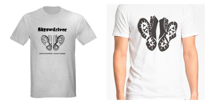 Links het T-shirt van Skrewdriver, rechts de Marc Jacobs-versie.