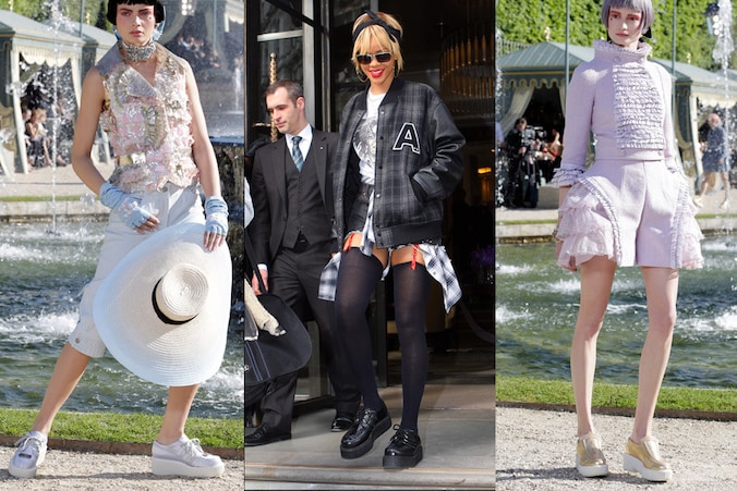 Schoenen van Chanel in metallictinten, Rihanna met zwarte lakladeren modellen en model op de voorstelling van de cruisecollectie van Chanel.