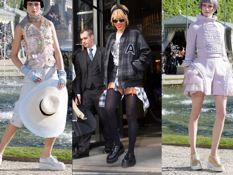 Schoenen van Chanel in metallictinten, Rihanna met zwarte lakladeren modellen en model op de voorstelling van de cruisecollectie van Chanel.
