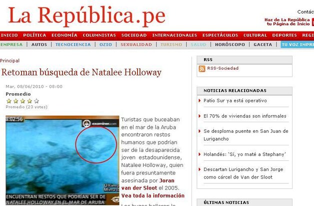De Peruaanse site La República meldde dat de resten van Natalee Holloway werden gevonden, maar dat wordt nu ontkend.