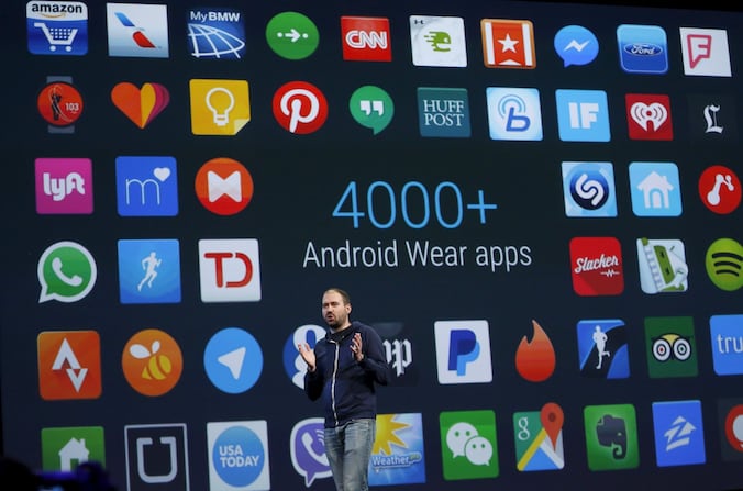 David Singleton, Directeur van Android Wear, spreekt op de Google I/O developers conference in San Francisco, California.
