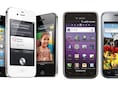 Links drie exemplaren van Apple's iPhone 4S, rechts de Samsung Galaxy S 4G en de Galaxy S.