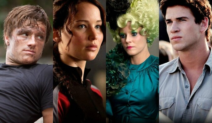 Josh Hutcherson, Jennifer Lawrence, Elizabeth Banks en Liam Hemsworth.