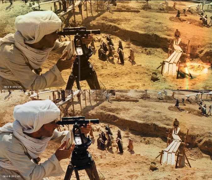 Een scène uit klassieker 'Raiders of the Lost Ark'. Bovenaan de beschadigde, originele versie, onderaan de bijgewerkte digitale uitvoering op Blu-Ray.