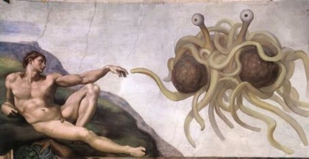 Het Vliegende Spaghettimonster, het opmerkelijke opperwezen van de religie.