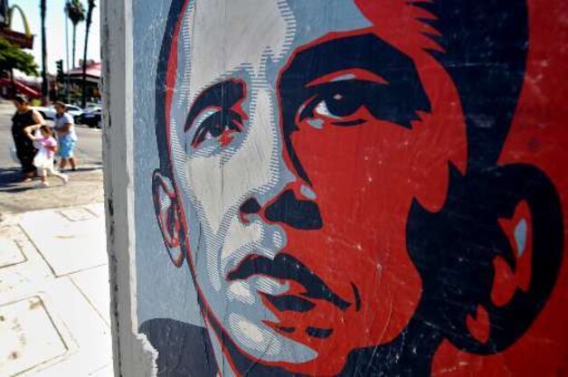 Een affiche van Obama in Los Angeles.