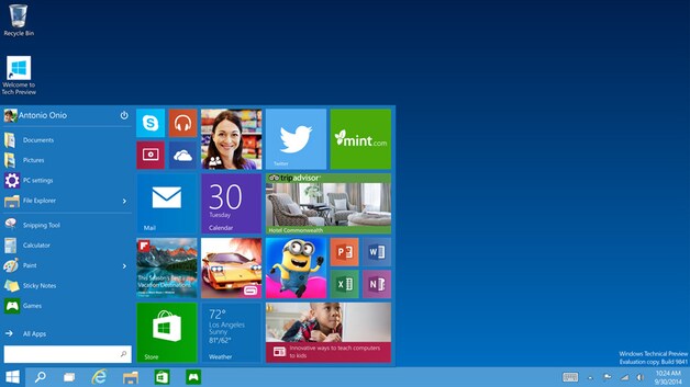 Een eerste screenshot van Windows 10. Opmerkelijk is dat de startknop terug is.