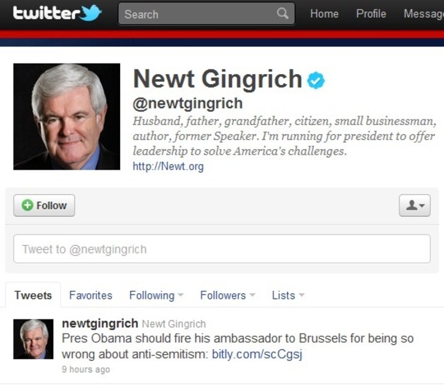 Republikeins presidentskandidaat Newt Gingrich haalde op twitter uit naar Obama-vertrouweling Gutman.