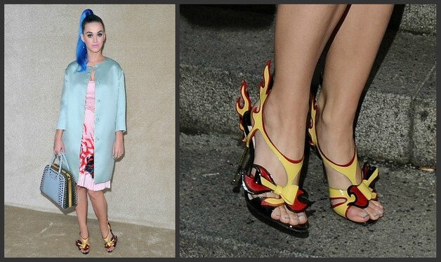 Katy Perry met de geel-rode versie van de schoenen