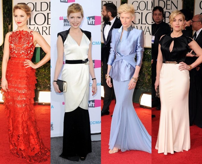 De vuurrode jurk van Dianna, de kledingflater van Michelle, de gedurfde stijl van Tilda en de klassieke look van Kate.