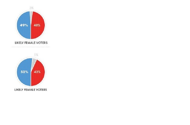 Boven: vrouwelijke kiezers in swing states: Onder: vrouwelijke kiezers elders.
