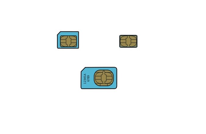 Boven: een micro-simkaart (L) en nieuwe nano-simkaart (R). Onder: de traditionelere mini-simkaart.