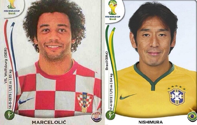 Op Twitter doken deze Panini-stickers op na de openingsmatch tussen Kroatië en Brazilië