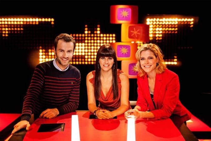 Presentatoren Bram Van Deputte, Katja Retsin en Dina Tersago.