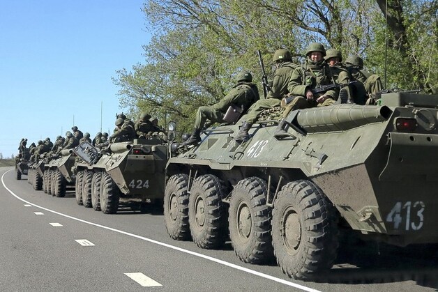 Russische soldaten bij de stad Belgorod, nabij de grens met Oekraïne.
