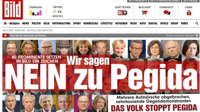 'Nein zu Pegida', staat vandaag op de voorpagina van BILD.