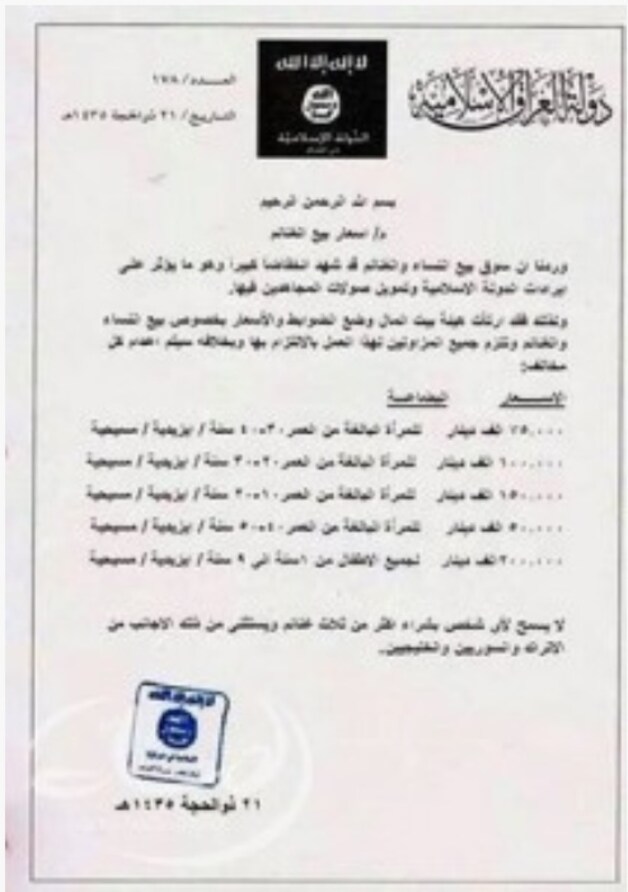 Het document waarop Iraqinews.com zich baseert om de prijszetting van de slaven in handen van IS uit de doeken te doen.