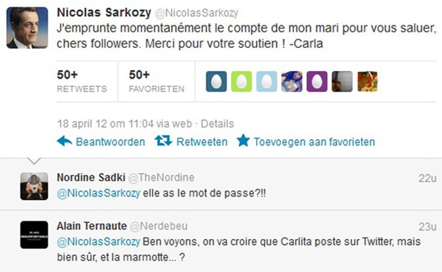 De tweet die Bruni op naam van manlief Sarkozy de wereld in stuurde.