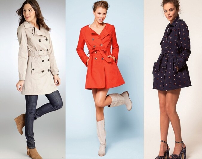 Een klassieke, felgekleurde (Laredoute.co.uk) en geprinte trenchcoat (Asos.com)