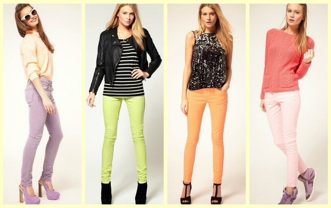 Deze lavendelkleurige, geel-groene, zachtoranje en babyroze jeans vind je bij Asos.com
