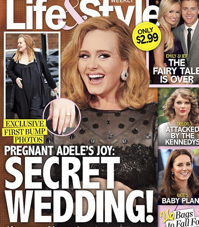 Het magazine 'Life&amp;Style' vermoedt dat Adele stiekem in het huwelijksbootje is gestapt met haar vriend Simon.