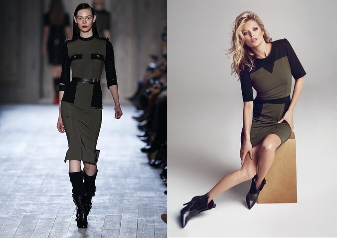 Links: het ontwerp van Victoria Beckham op de catwalk, rechts: Kate Moss in het ontwerp van Mango